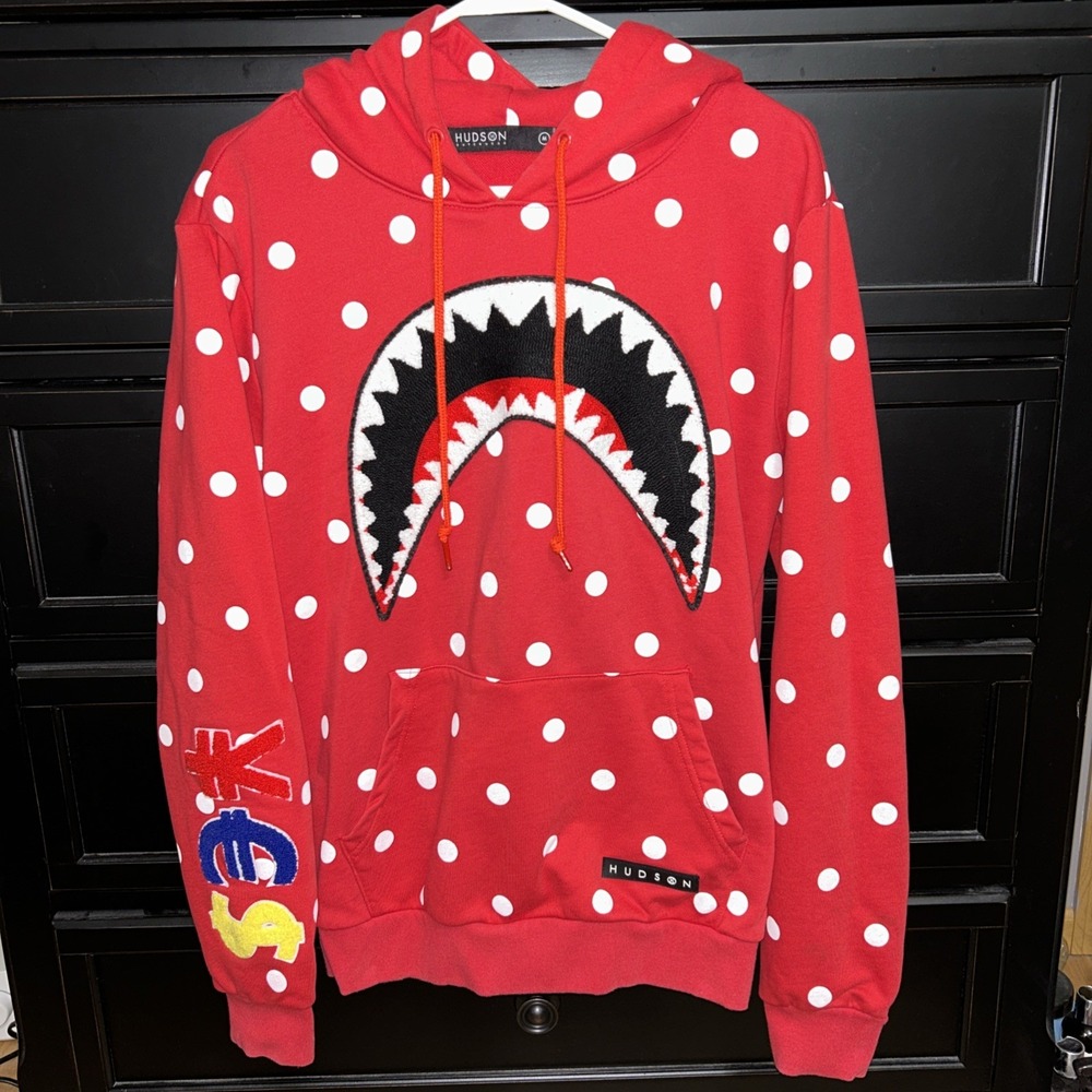 Hudson‎ Outerwear Shark Mouth Polka Dots Hoodie Sweatshirt Men's Medium Red